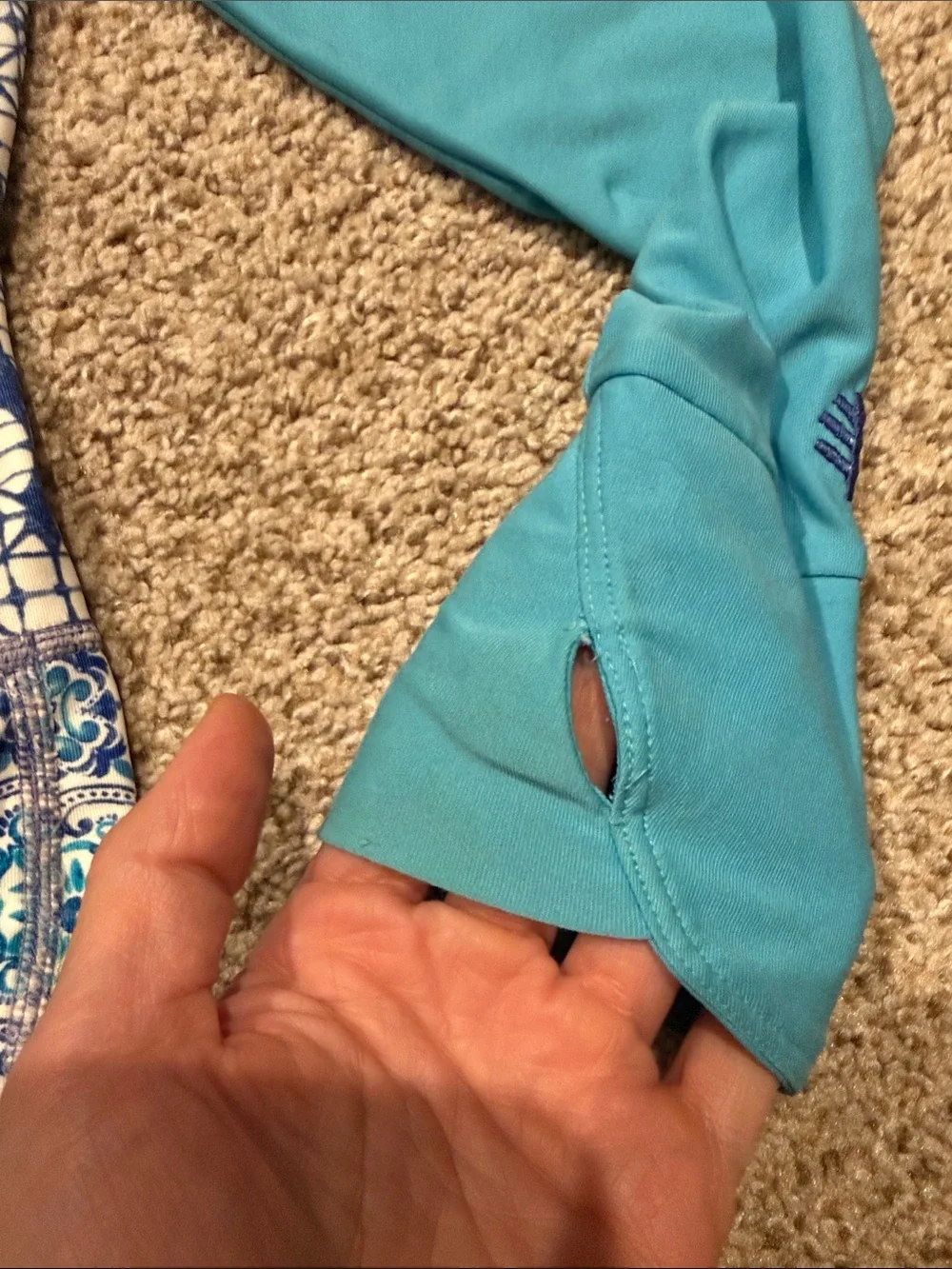 Coolibar Teal and Blue Patterned Long Sleeve Rashguard Swimsuit